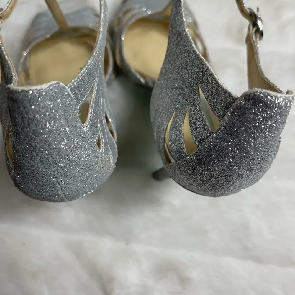 Betsey Johnson Blue silver glitter T strap sandals open toe ankle strap …
